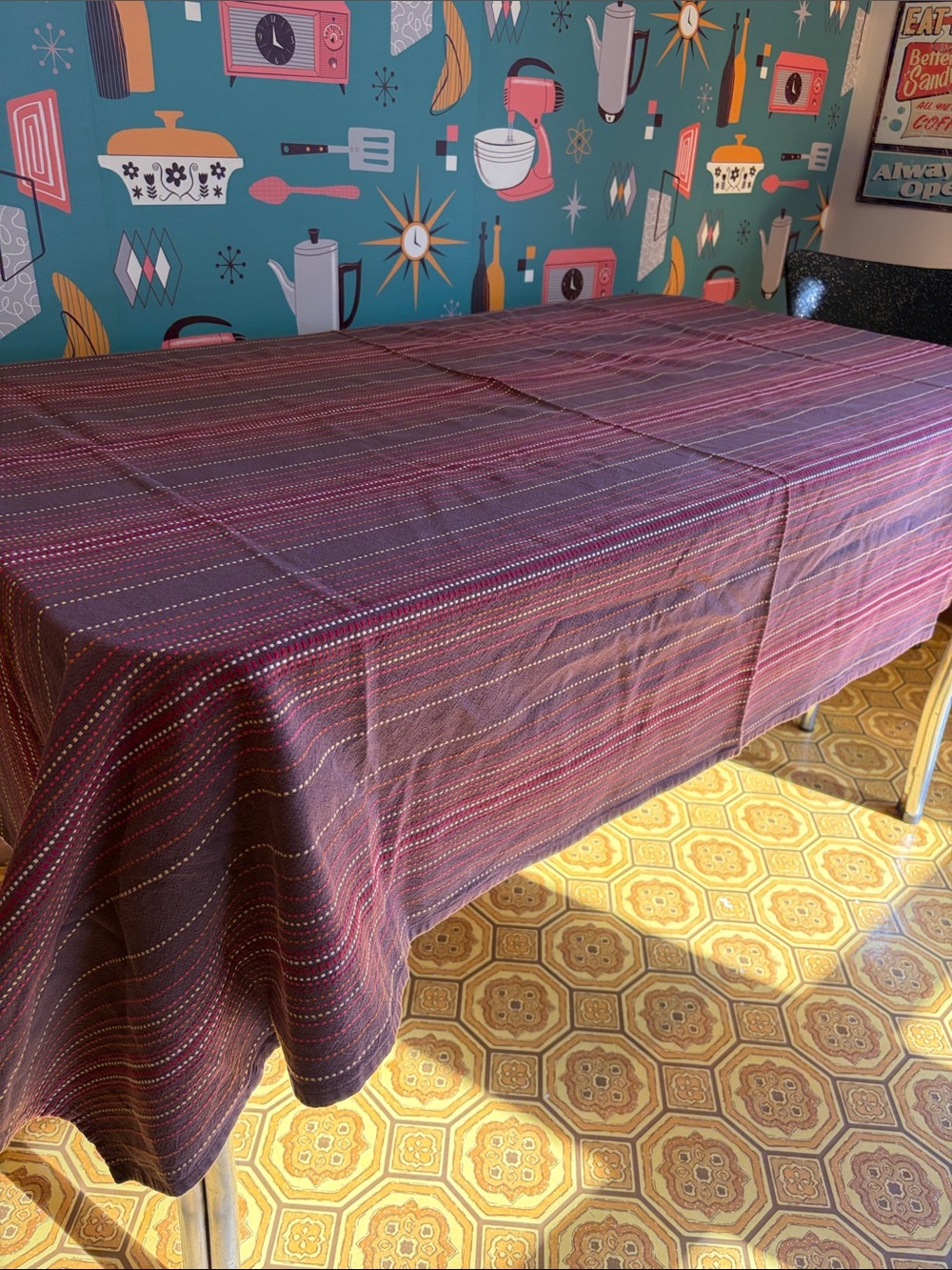 78”x 56” Classic Striped Tablecloth in Burgundy/multi "stitch stripe" India